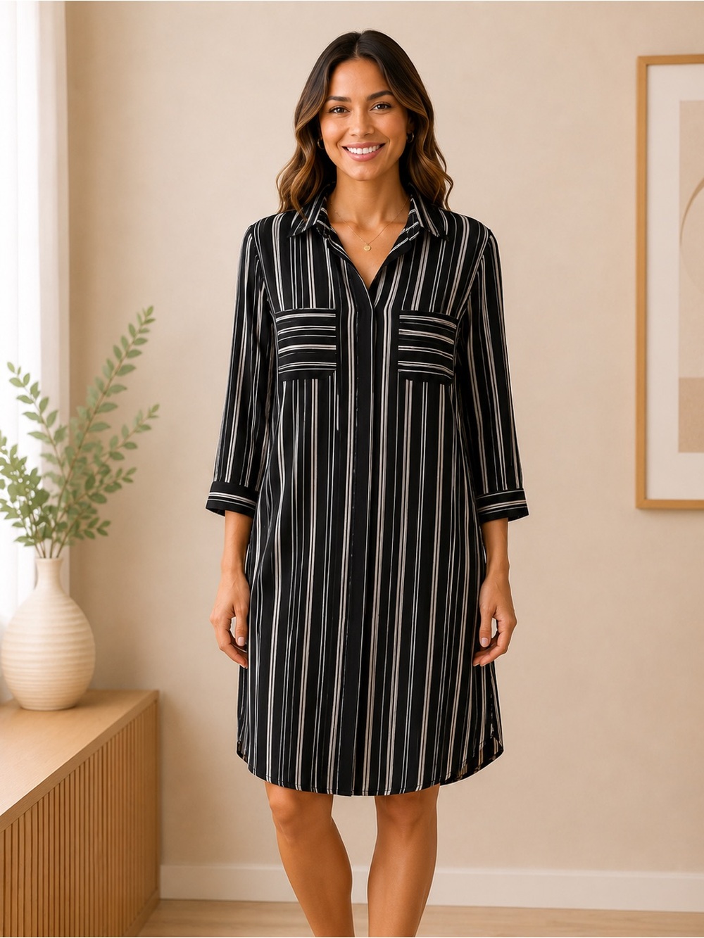 Metaphor Black White Striped Shirt Dress XL Plus Size Button Front